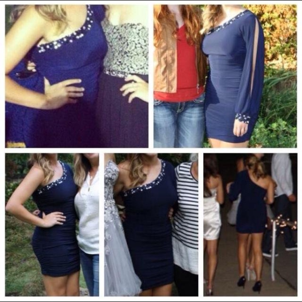 Fitted Navy One Shoulder Dress with Beading - Picture 3 of 4